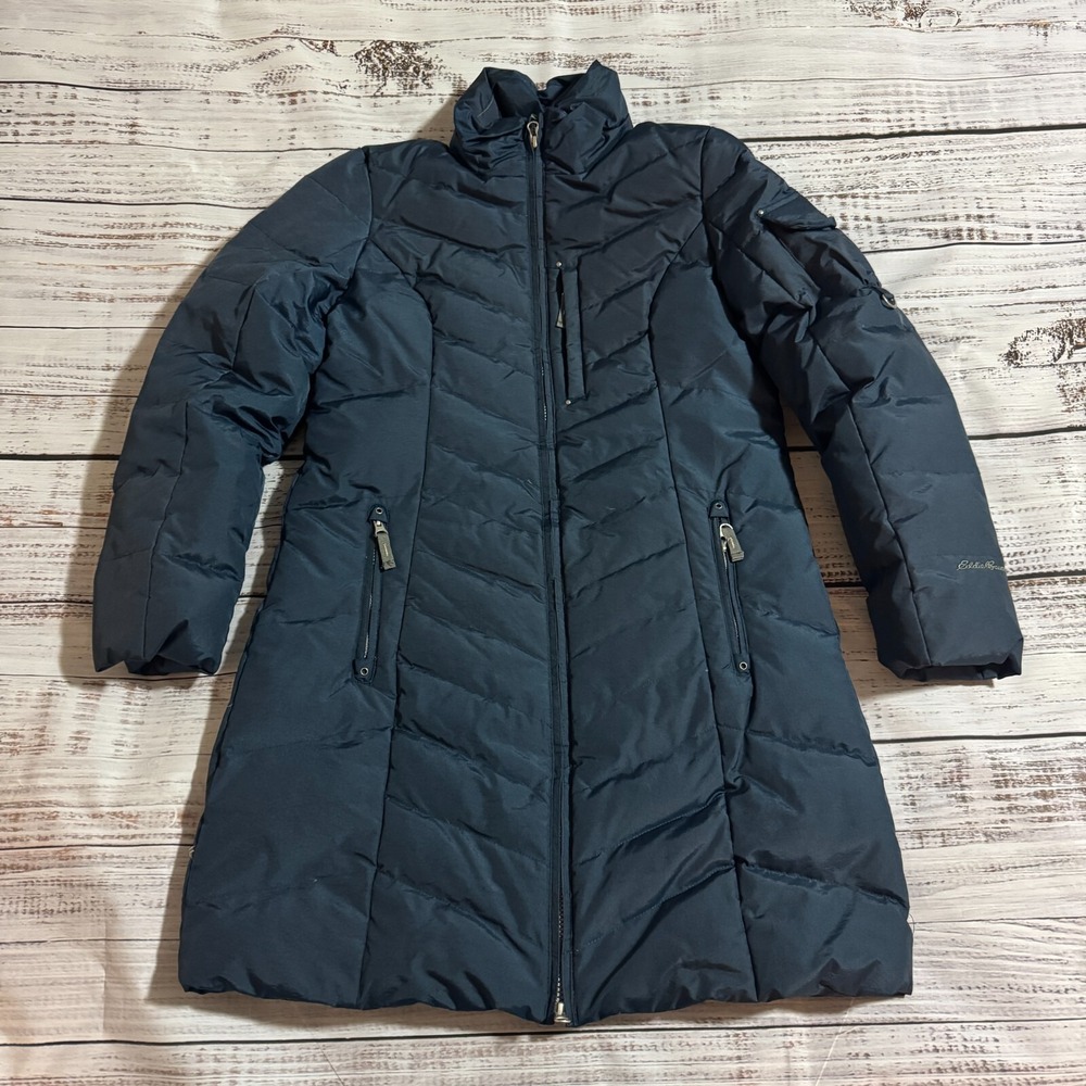 Eddie Bauer Down Puffer Parka Jacket Full Zip Trench Coat Blue Women's Size S